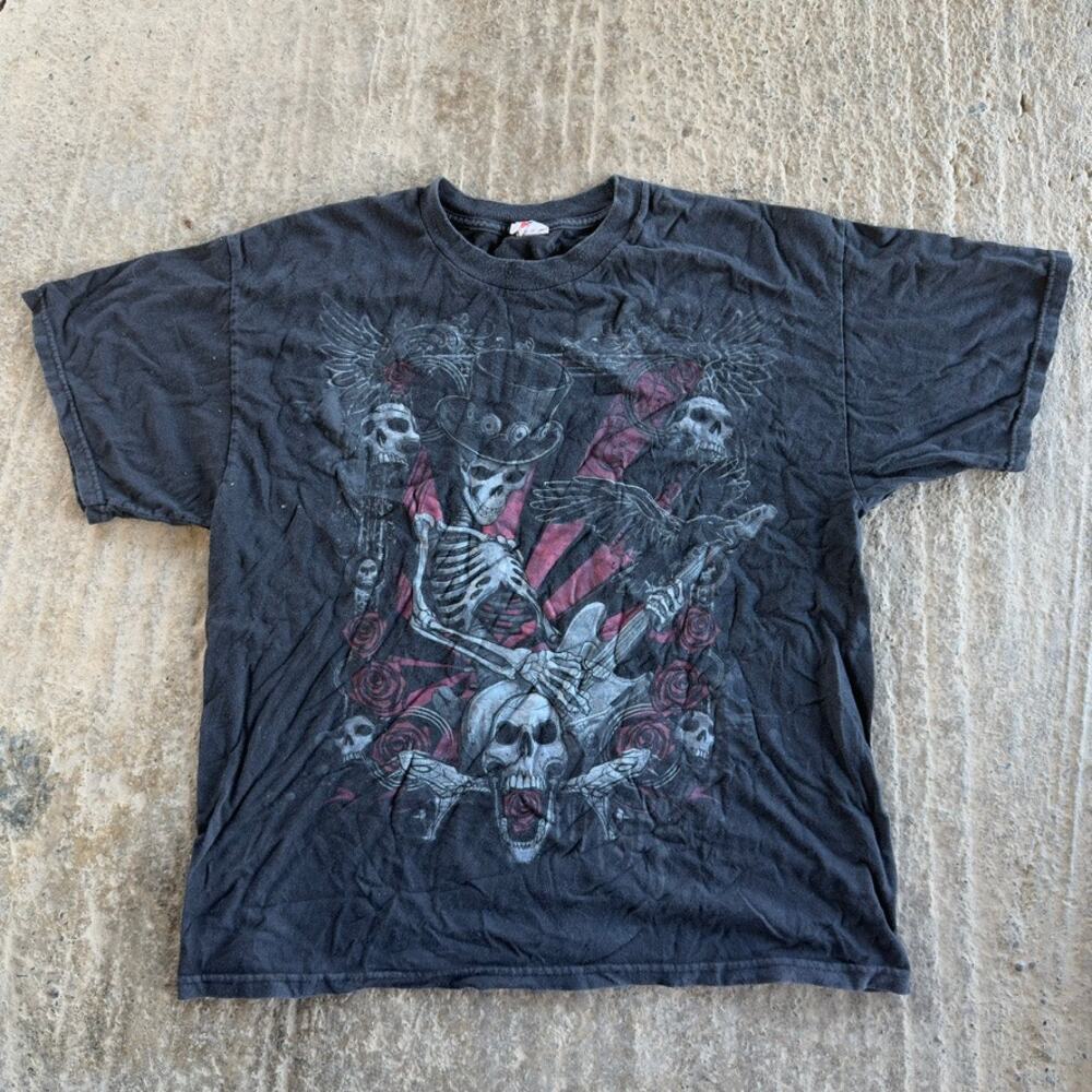 VINTAGE Y2K GRUNGE SKELETONS T-SHIRT SKULLS TRIBAL SKATER GRAPHIC FADED MENS XL